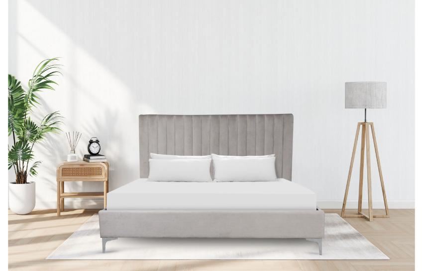 LYNTON Taupe Velvet Upholstered Queen Size Bed • Mobilitop Lebanon Beirut