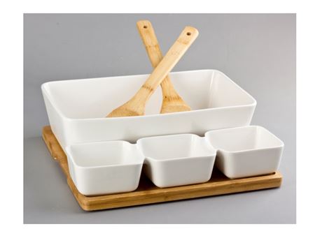 HT-117B002 - Salad Bowl + 3 Bowls With Bamboo Base And 2 Forks
