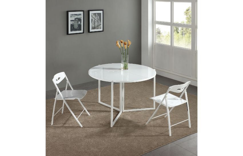 B2389 3 Foldable Glossy White Round, Fold Down Round Kitchen Table