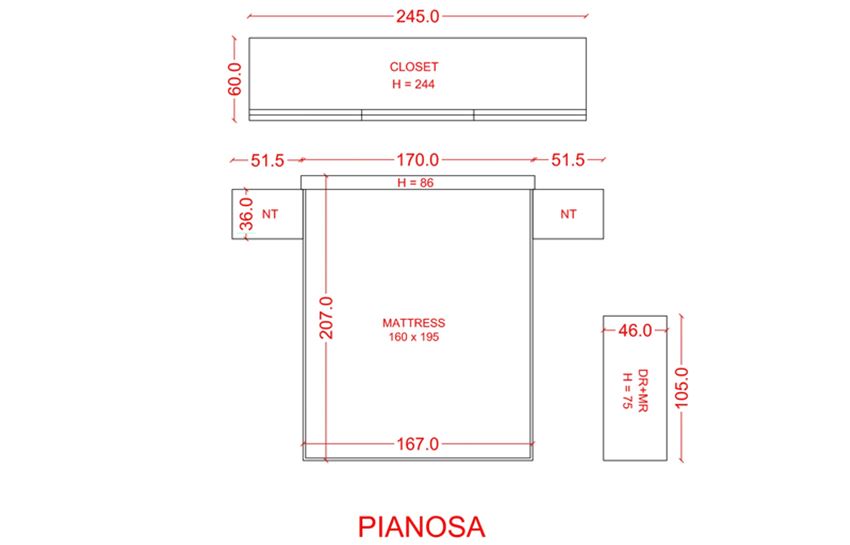 PIANOSA - Queen Size Bedroom Set With a 3-Door Sliding Closet