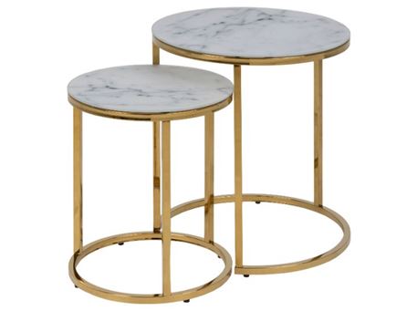 ALISMA - Set Of 2 Nesting Round Crystal Clear Marble Top Tables With Gold Base