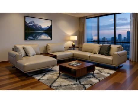 CALISTA - Beige Genuine Leather Sectional Sofa With Iron Base 