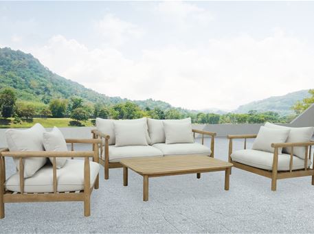 BUNGALOW - Light Teak Look Outdoor Living Set With Beige Linen