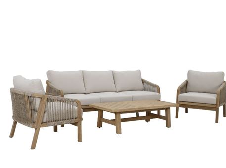RAVONA - Light Teak Look Outdoor Living Set With Beige Linen