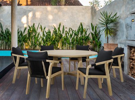 DEHAAN - Round Light Teak Look Outdoor Dining Set