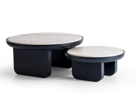 702 - Black and travertine top center table set.
