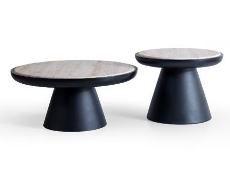 704 - Black and travertine top center table set.