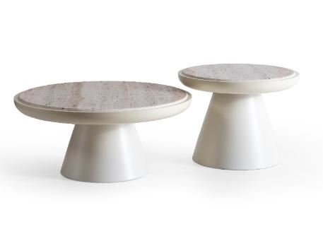 704 - Cream and travertine top center table set.