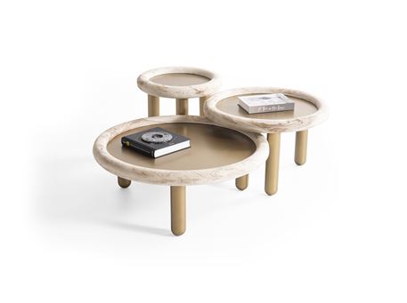 949 - Gold and travertine colored center and side table set.