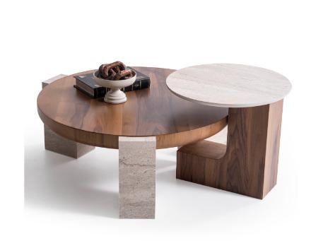 674 - Walnut and travertine center and side table set.