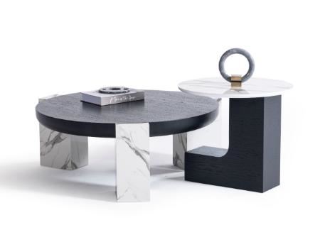 675 -White marble and black colored center and side table set.