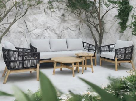 LANAI - Black and wood colored outdoor living set.