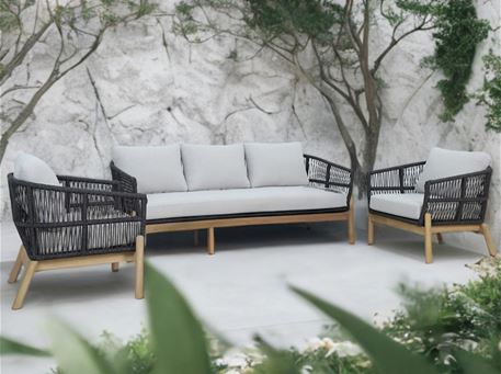LANAI - Black and wood colored outdoor living set.
