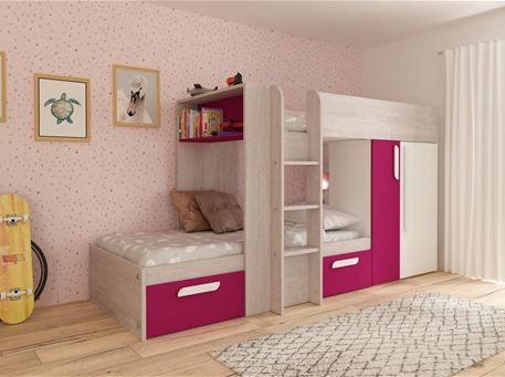 1298-BUNKBEB-Bunkbed With Storage Fushia Color