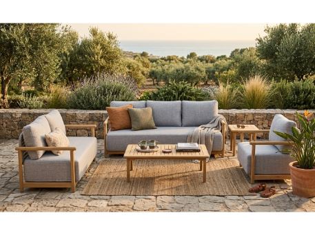 EVIA-Teak Wood Outdoor Set With Grey Cushions