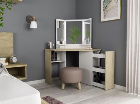 TOC-VANITY - White/Oak Dresser-Mirror With LED Lights
