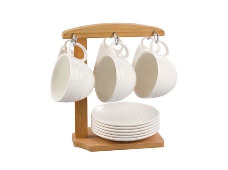 HT13201979W-1 - Set Of 6 Tea Cups & 6 Saucers With Bamboo Stand