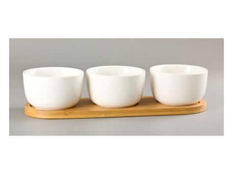 HT11201392W - 3 Bowls On Bamboo Tray