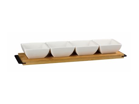 HT118x001 - 4 Bowls With Bamboo Base And Iron Handle. 